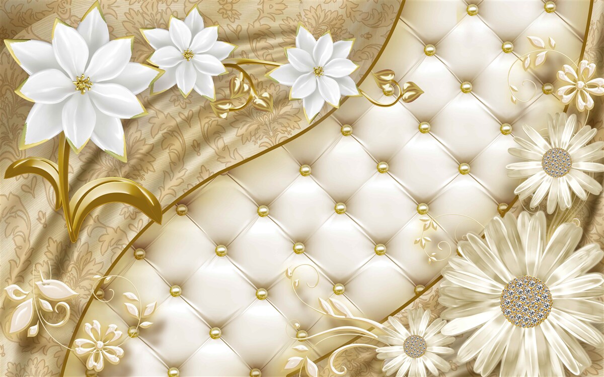 Papier peint tissu décoré de perles, de fleurs blanches et de touches d'or