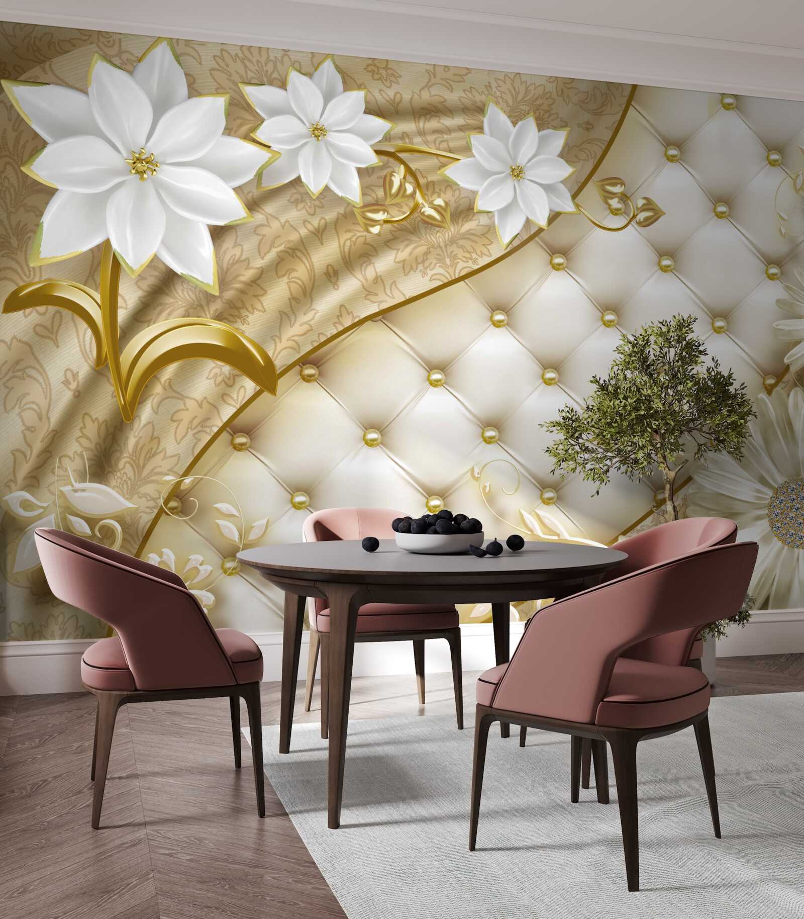 Papier peint tissu décoré de perles, de fleurs blanches et de touches d'or