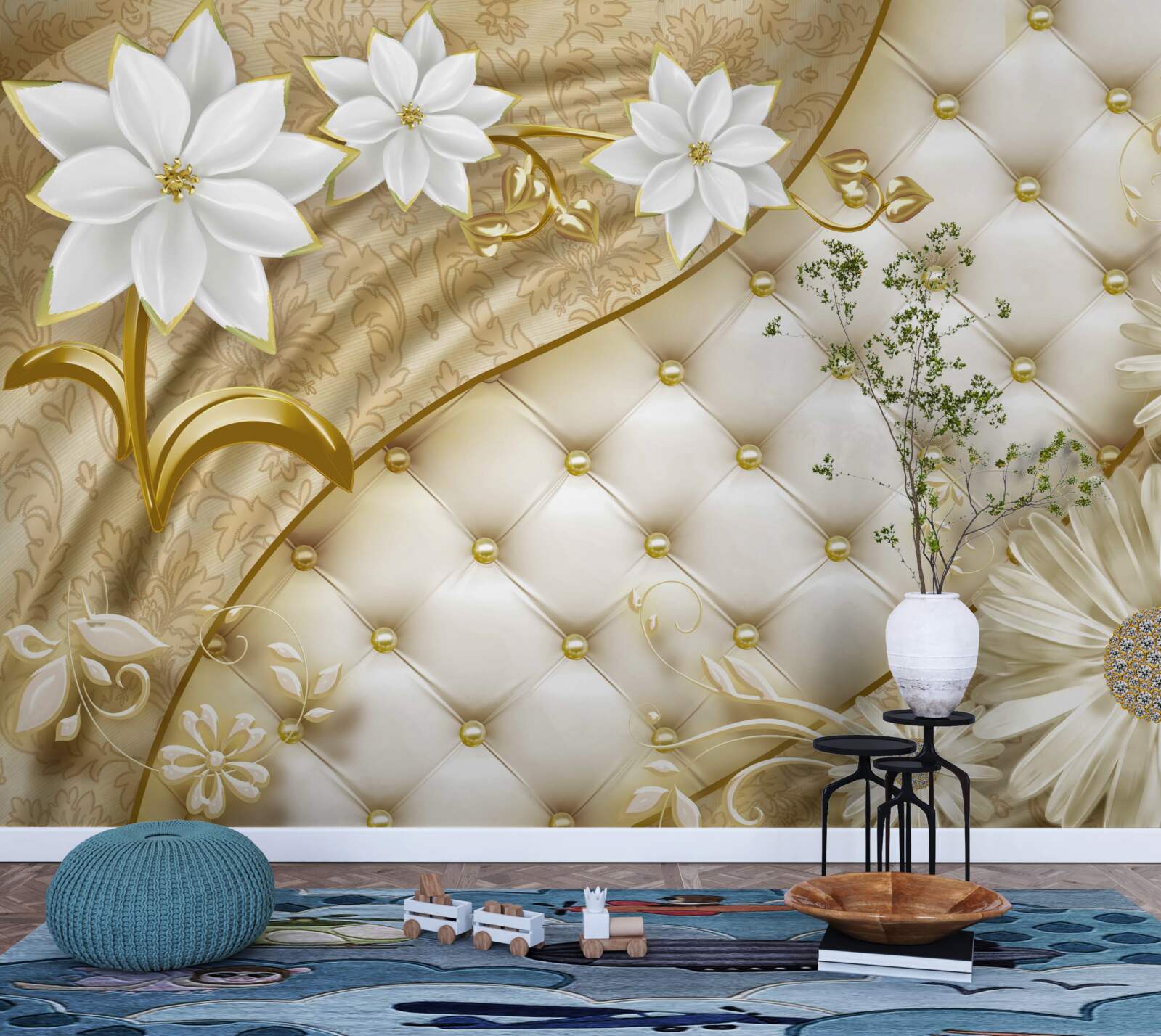 Papier peint tissu décoré de perles, de fleurs blanches et de touches d'or