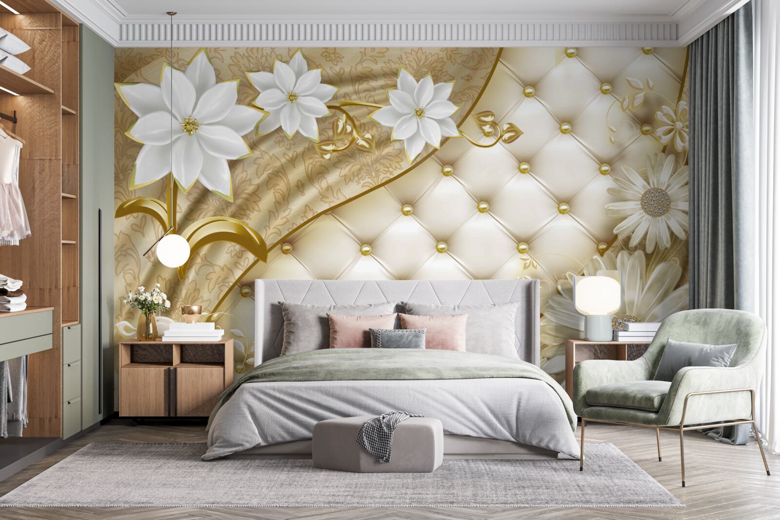 Papier peint tissu décoré de perles, de fleurs blanches et de touches d'or