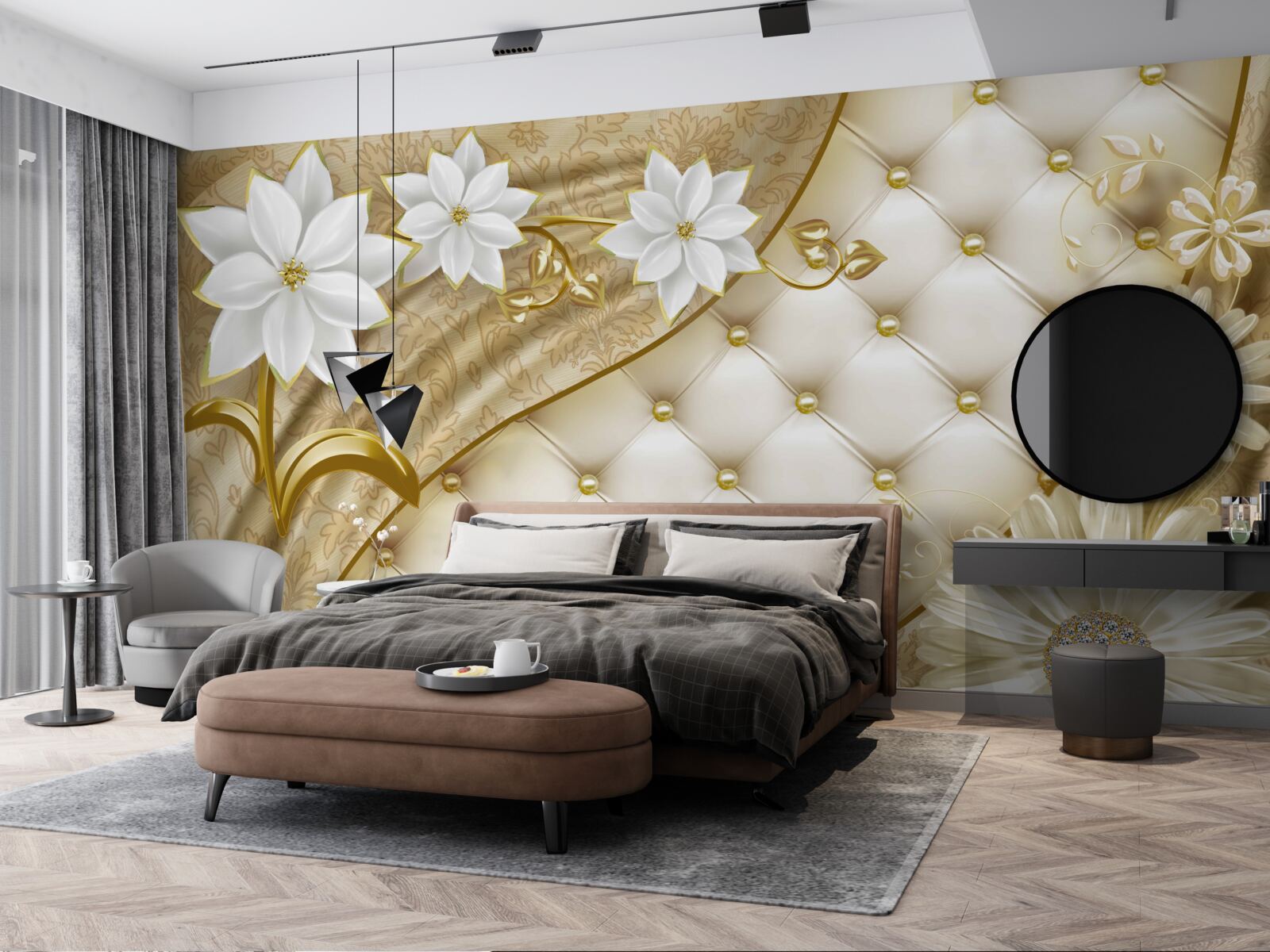 Papier peint tissu décoré de perles, de fleurs blanches et de touches d'or