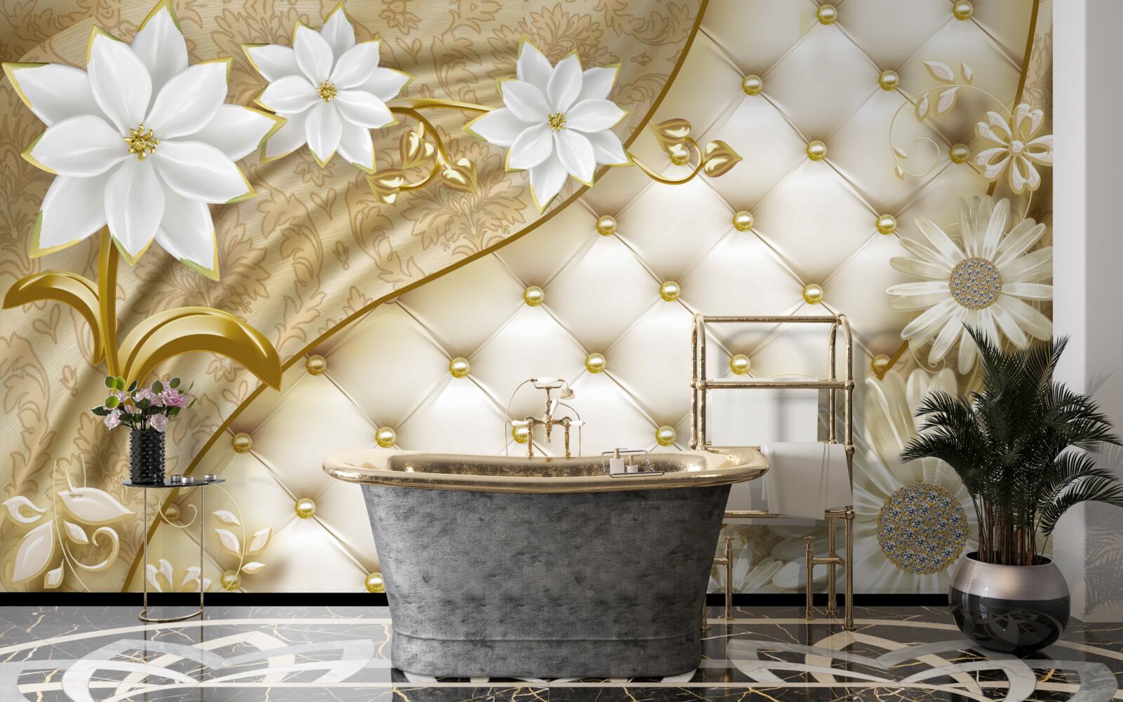 Papier peint tissu décoré de perles, de fleurs blanches et de touches d'or