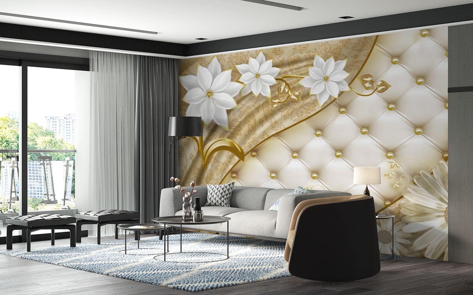 Papier peint tissu décoré de perles, de fleurs blanches et de touches d'or