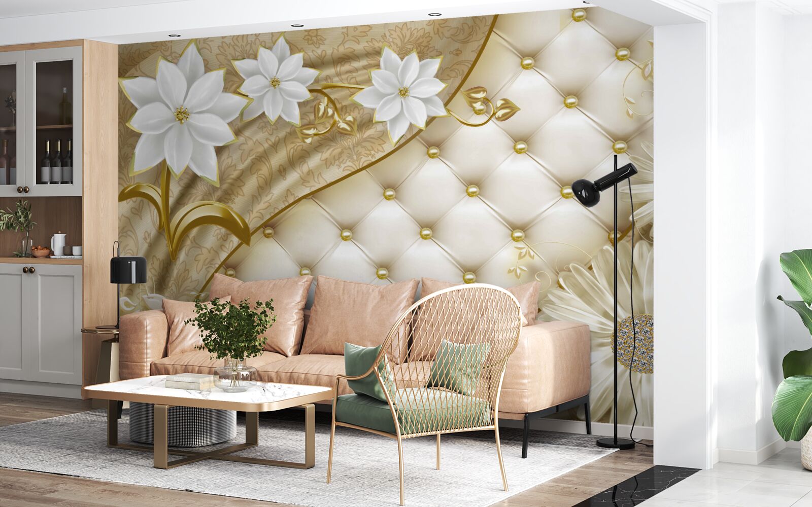 Papier peint tissu décoré de perles, de fleurs blanches et de touches d'or