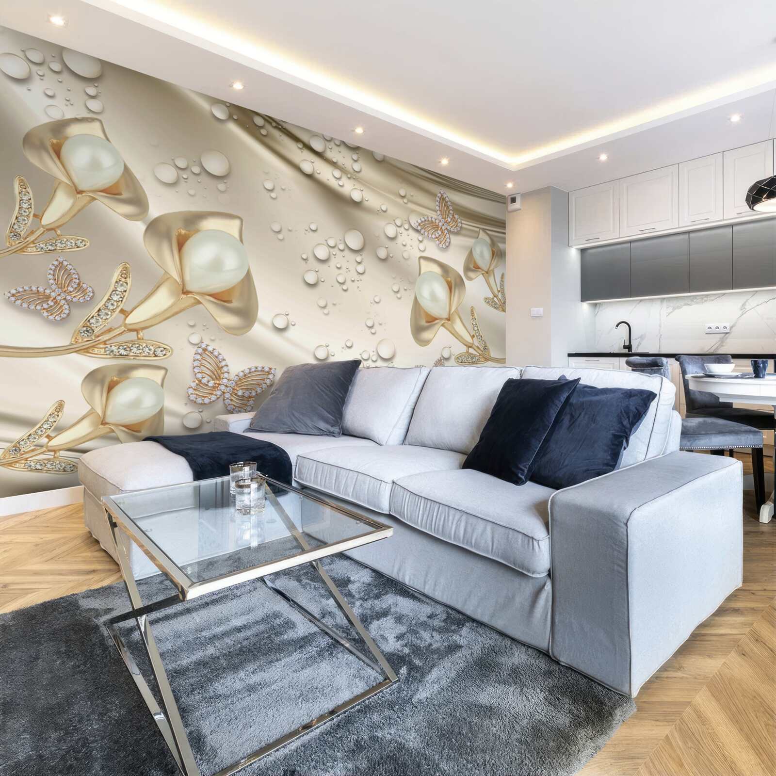 Papier peint perles en serti d'or avec pierres précieuses sur fil de soie