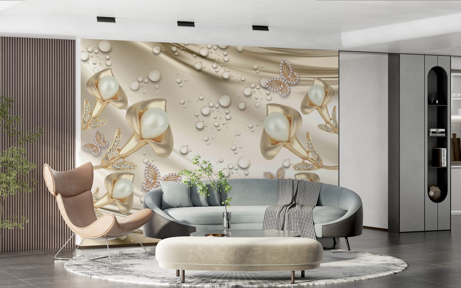 Papier peint perles en serti d'or avec pierres précieuses sur fil de soie