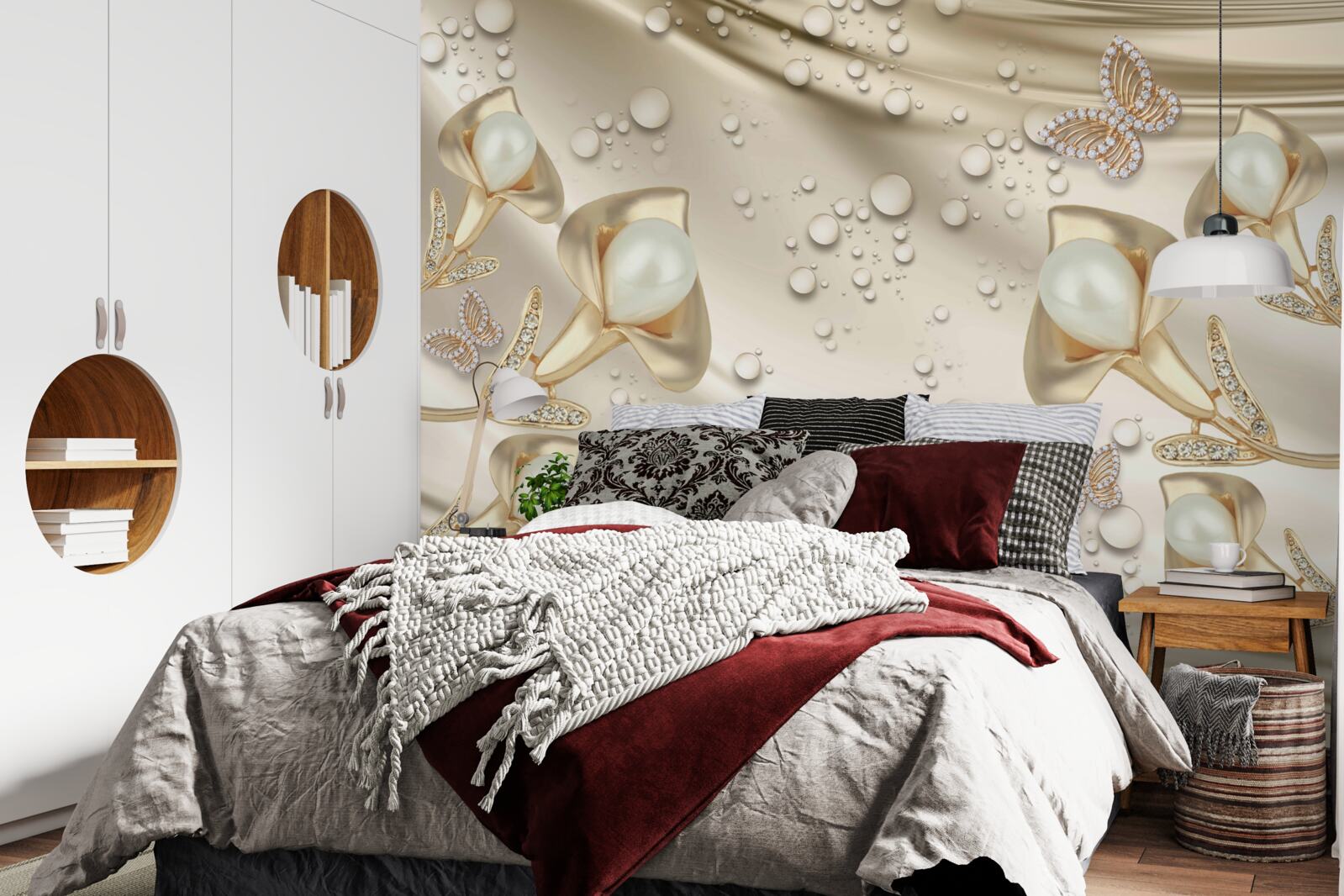 Papier peint perles en serti d'or avec pierres précieuses sur fil de soie