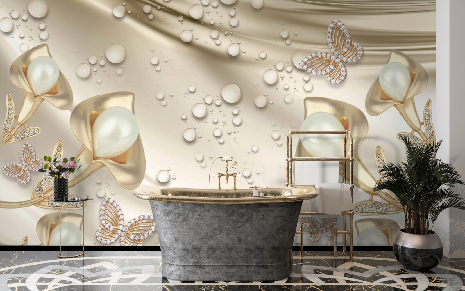 Papier peint perles en serti d'or avec pierres précieuses sur fil de soie