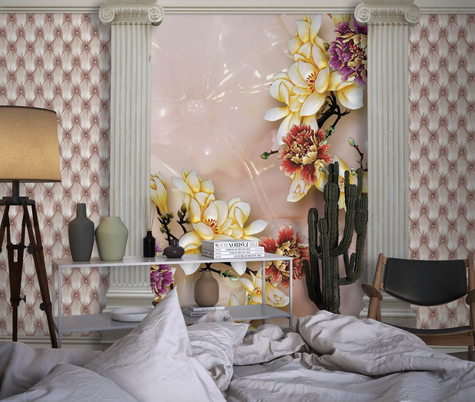 Papier peint des arcs anciens et des fleurs dorées