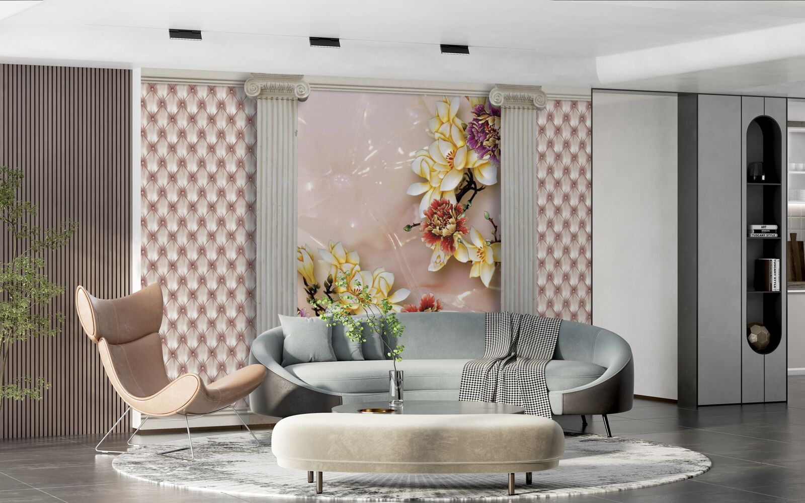 Papier peint des arcs anciens et des fleurs dorées