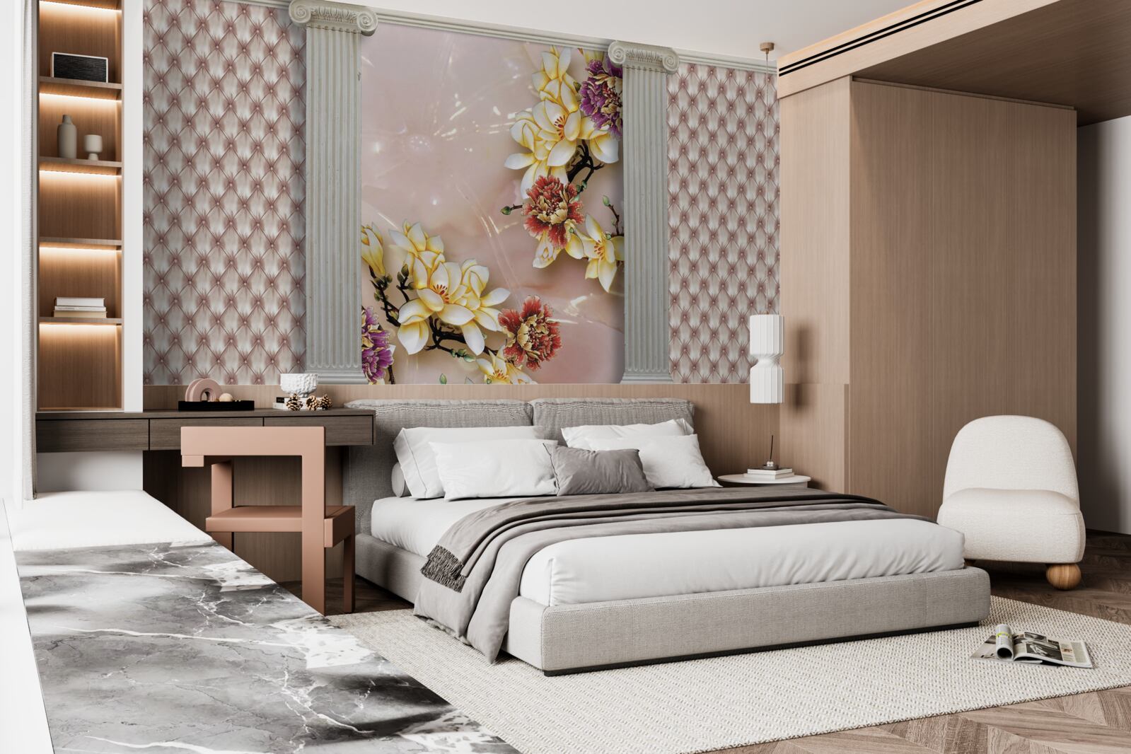 Papier peint des arcs anciens et des fleurs dorées