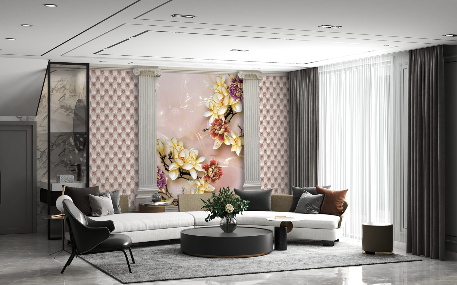 Papier peint des arcs anciens et des fleurs dorées