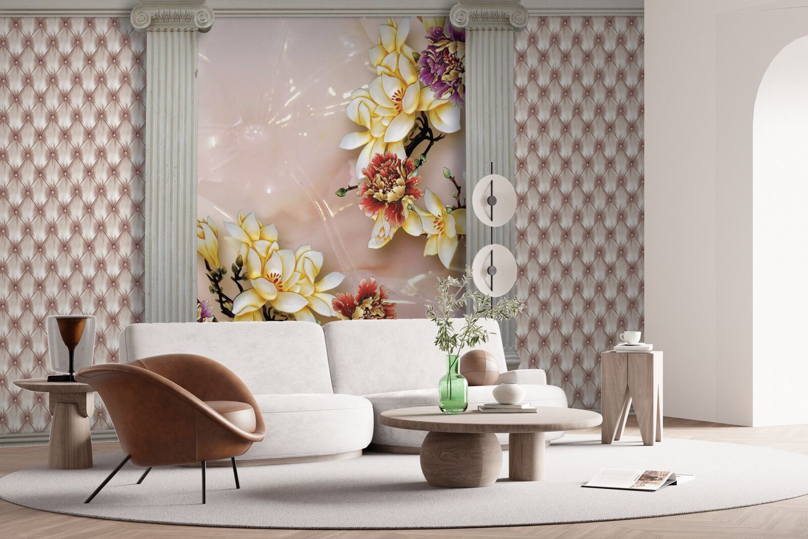 Papier peint des arcs anciens et des fleurs dorées