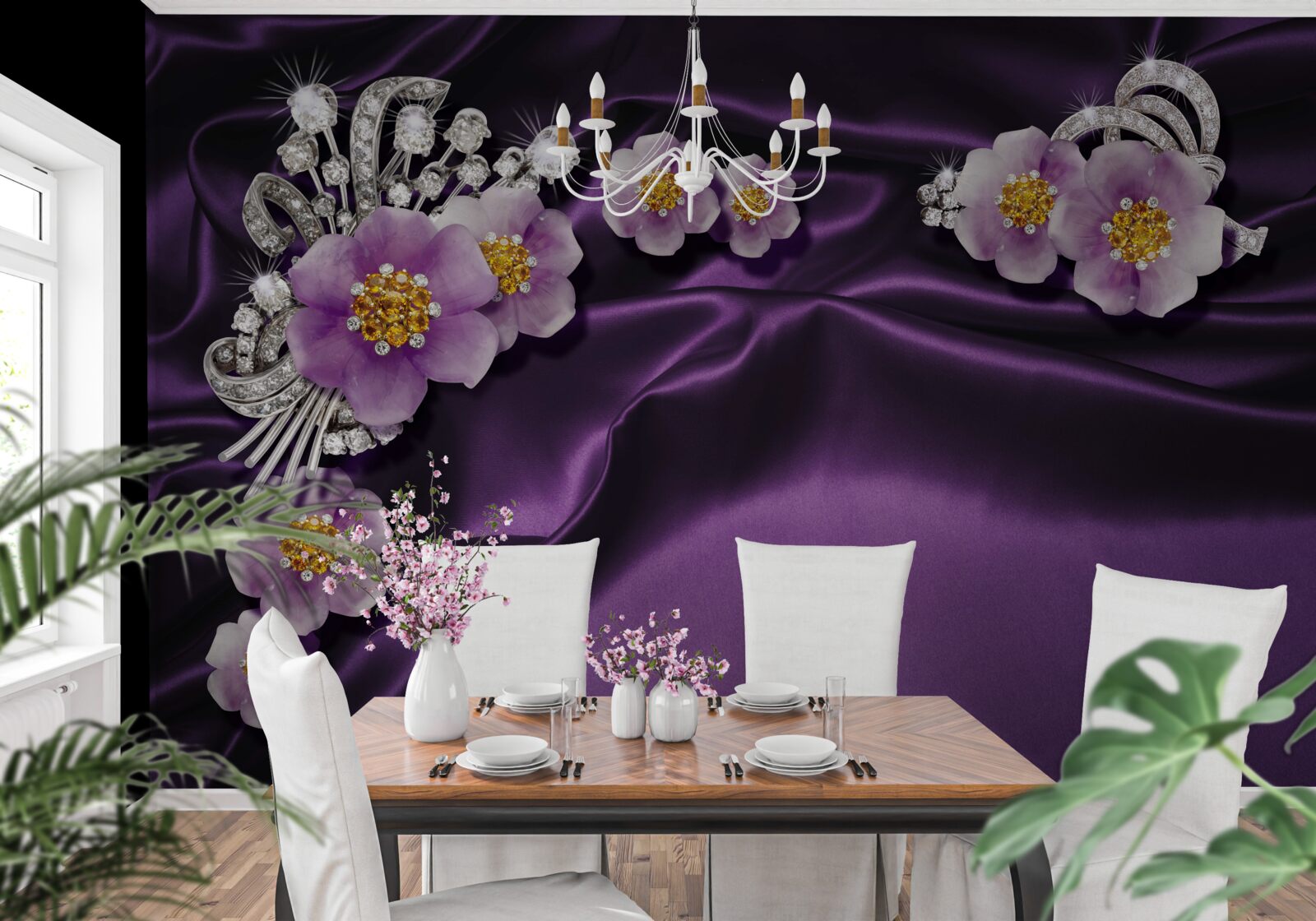 Papier peint Fleurs lilas sur soie foncée avec accents argentés