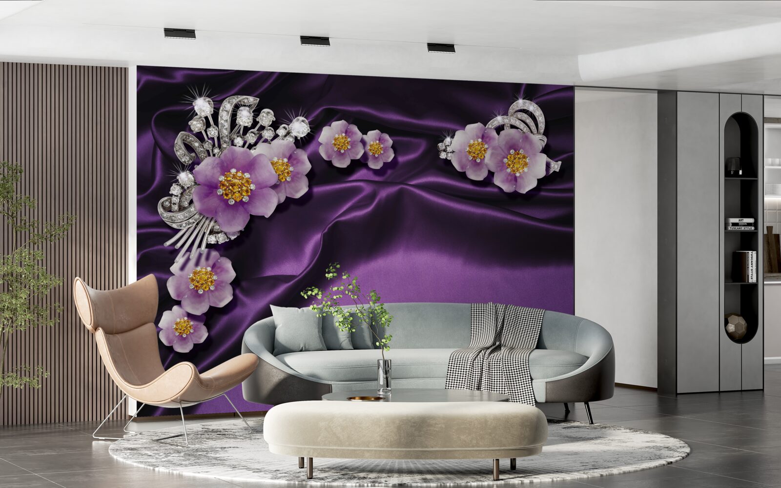 Papier peint Fleurs lilas sur soie foncée avec accents argentés