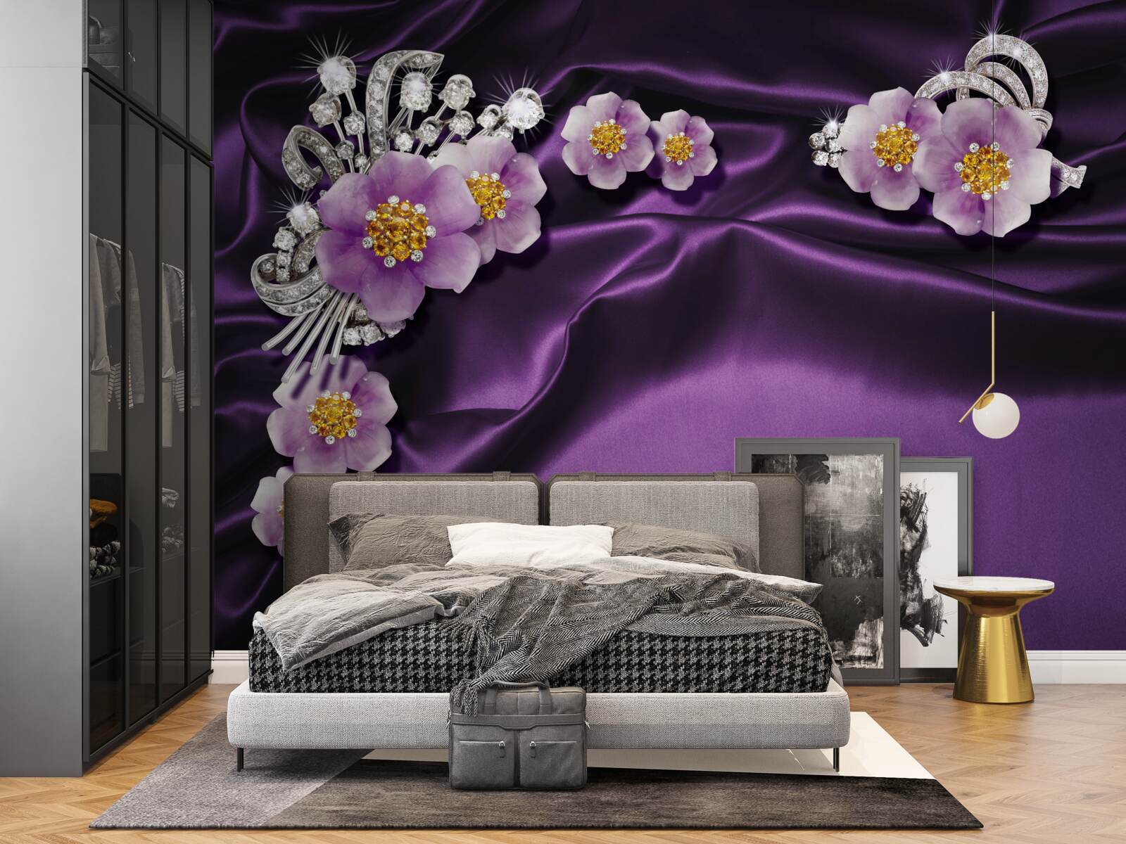 Papier peint Fleurs lilas sur soie foncée avec accents argentés