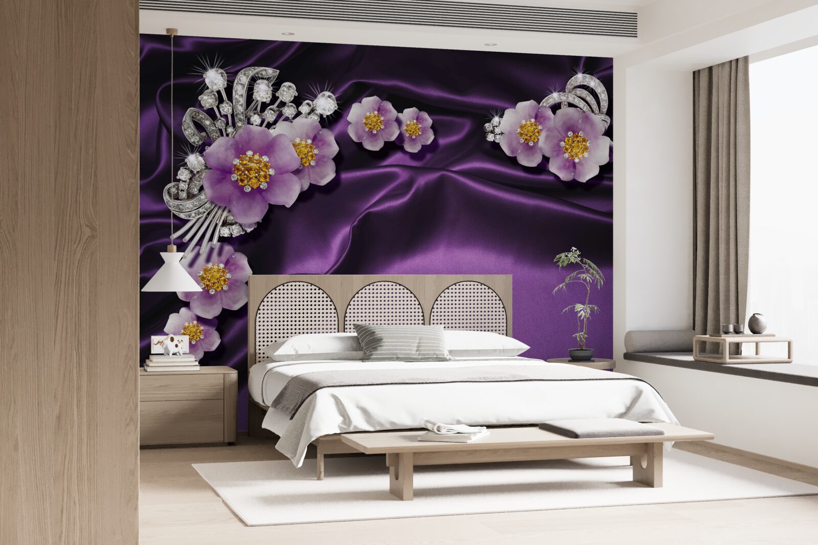 Papier peint Fleurs lilas sur soie foncée avec accents argentés