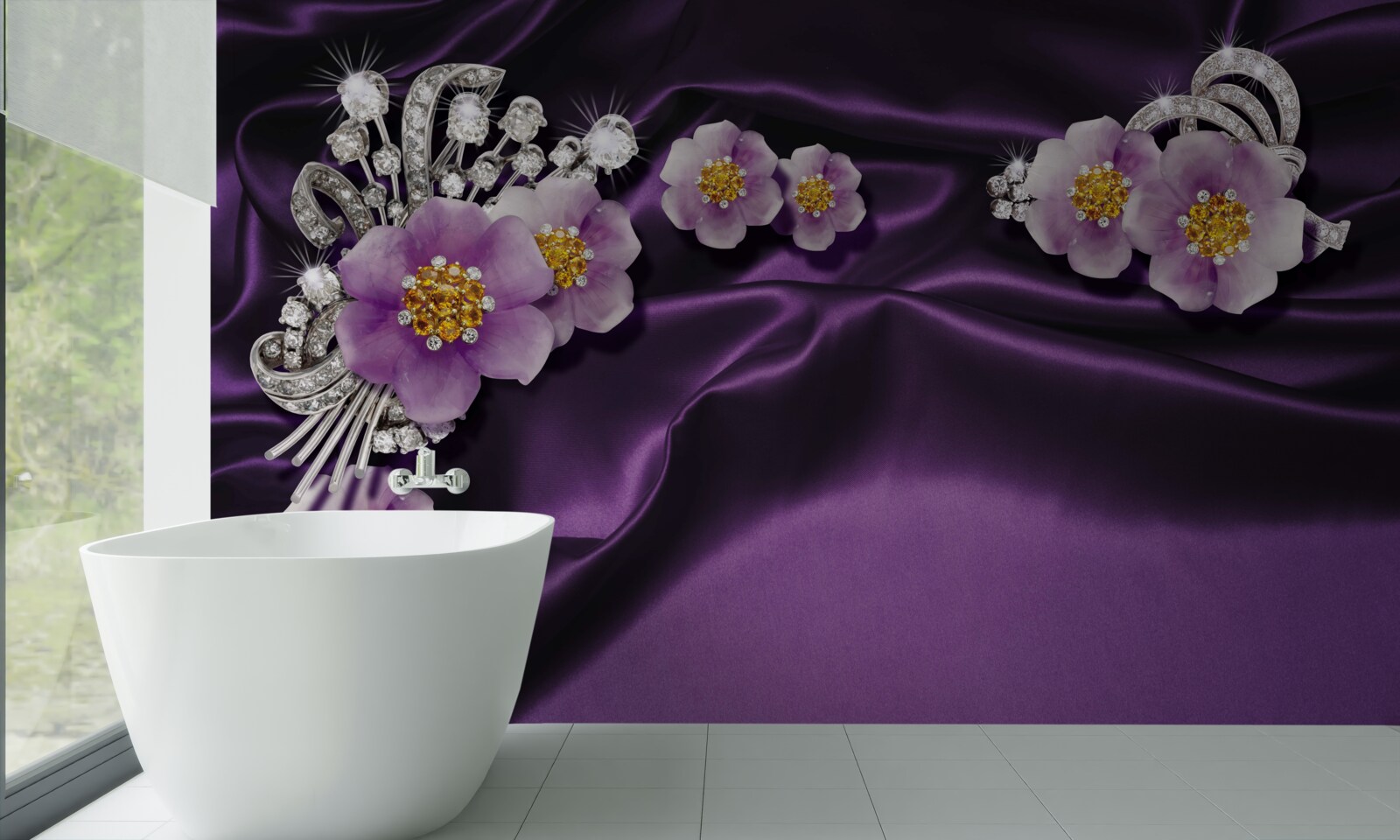 Papier peint Fleurs lilas sur soie foncée avec accents argentés