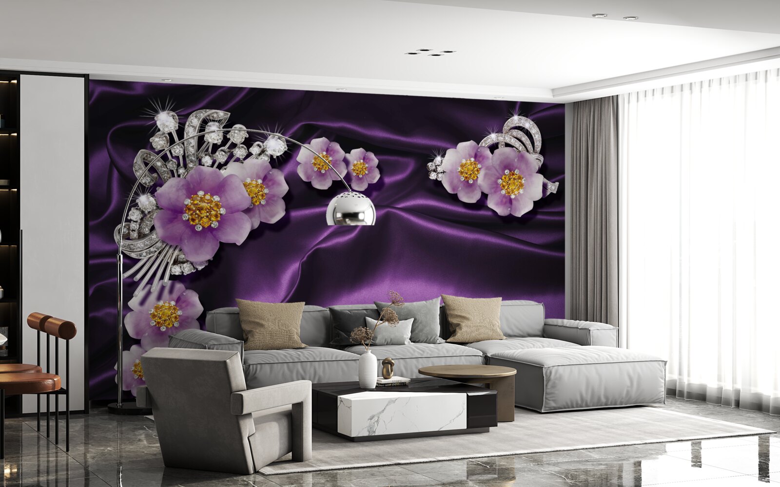 Papier peint Fleurs lilas sur soie foncée avec accents argentés