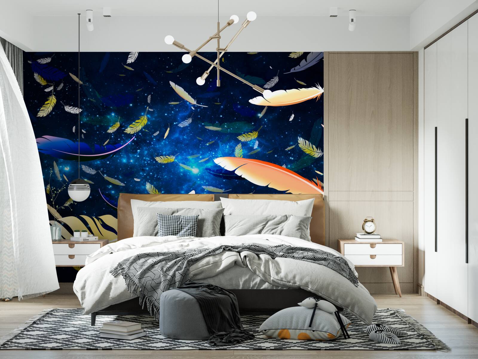 Papier peint un tourbillon de plumes brillantes dans l'abîme de l'univers