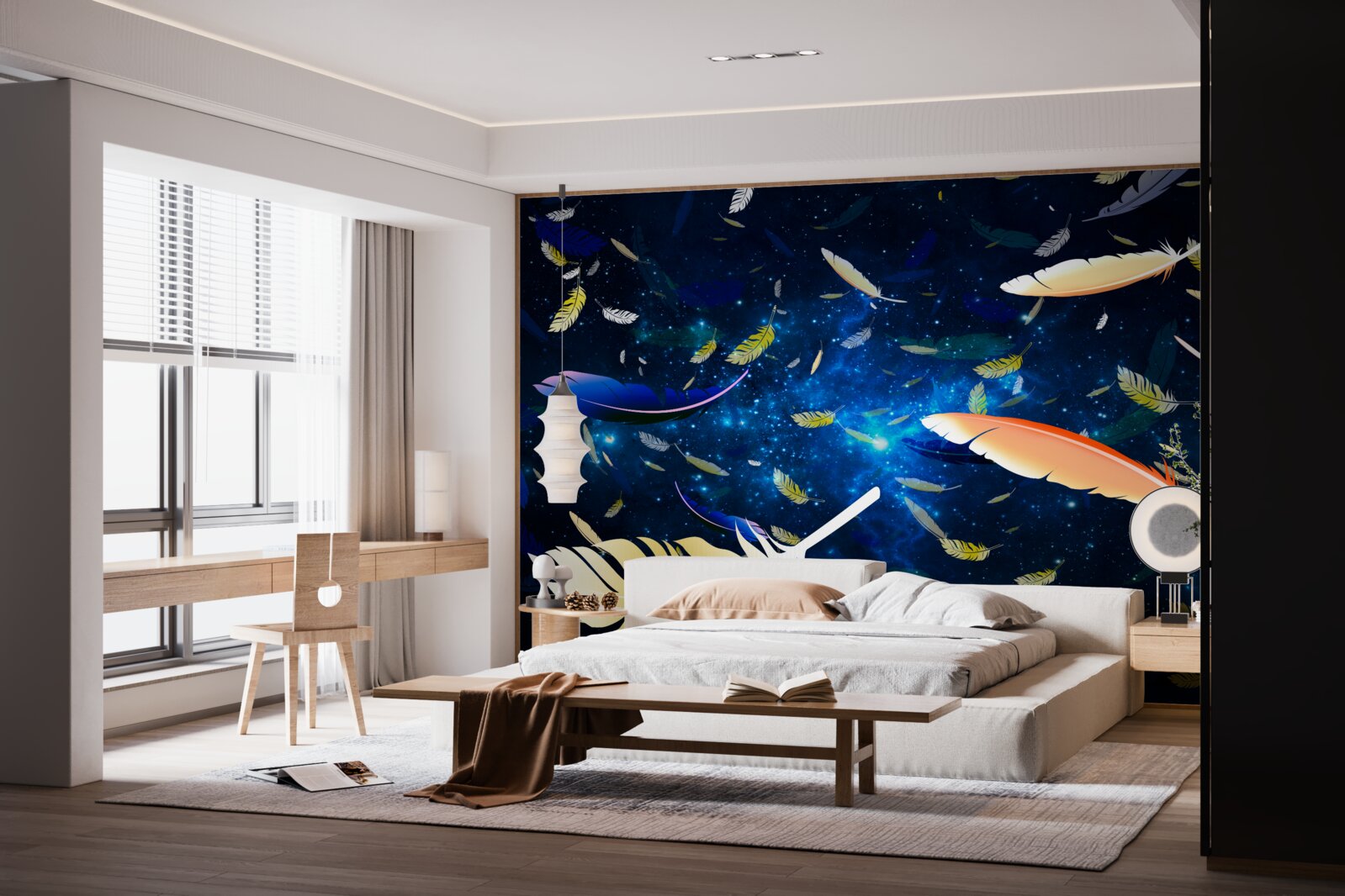 Papier peint un tourbillon de plumes brillantes dans l'abîme de l'univers