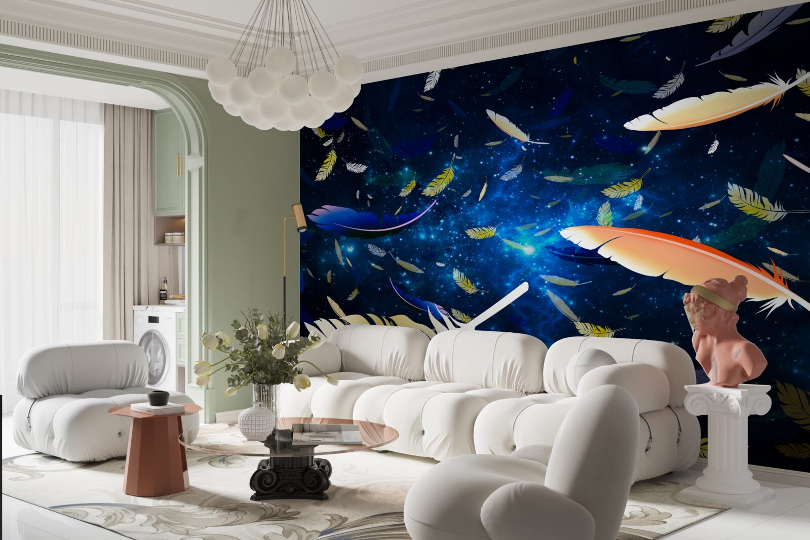 Papier peint un tourbillon de plumes brillantes dans l'abîme de l'univers