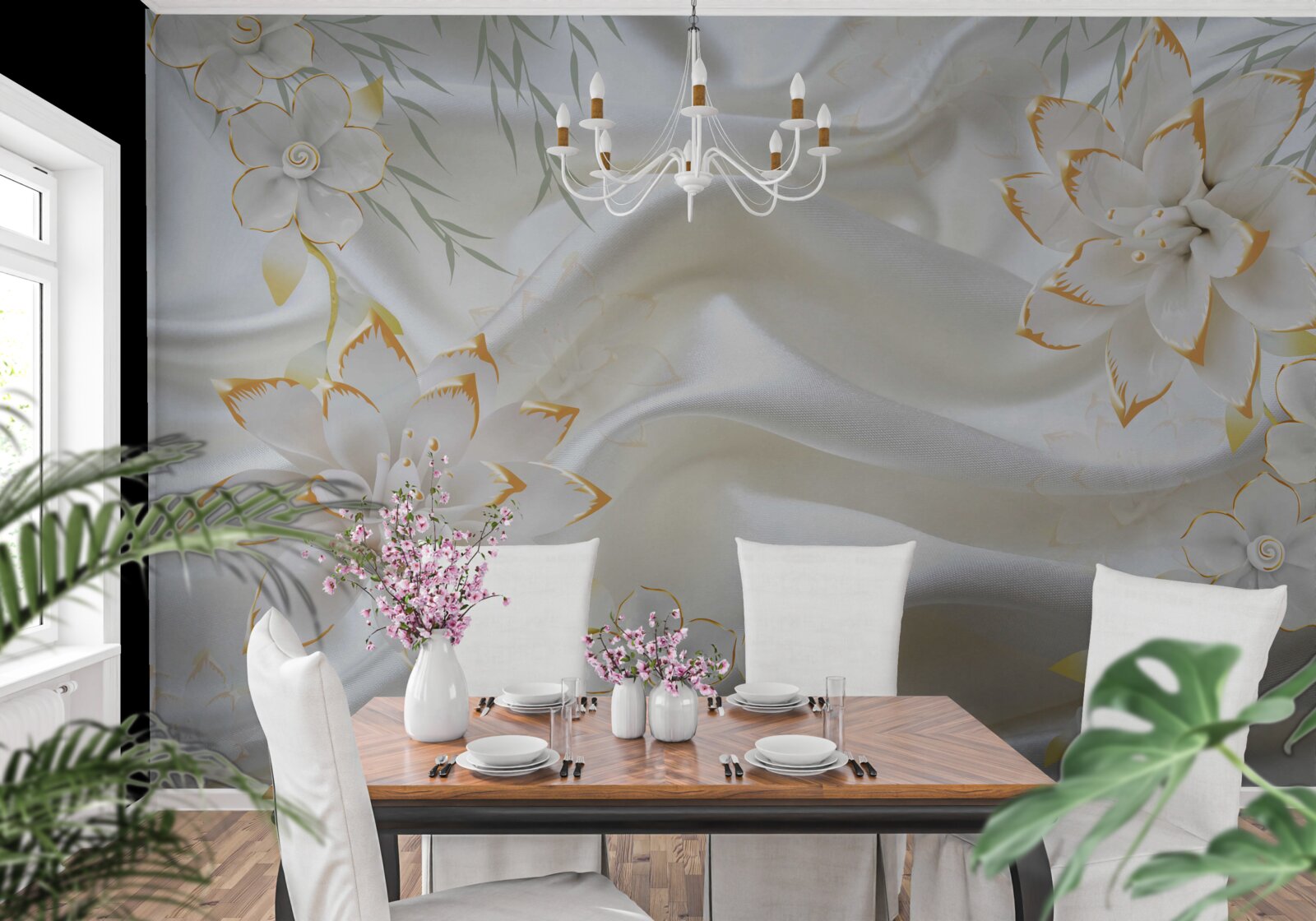 Papier peint motifs et fleurs en or sur soie blanche