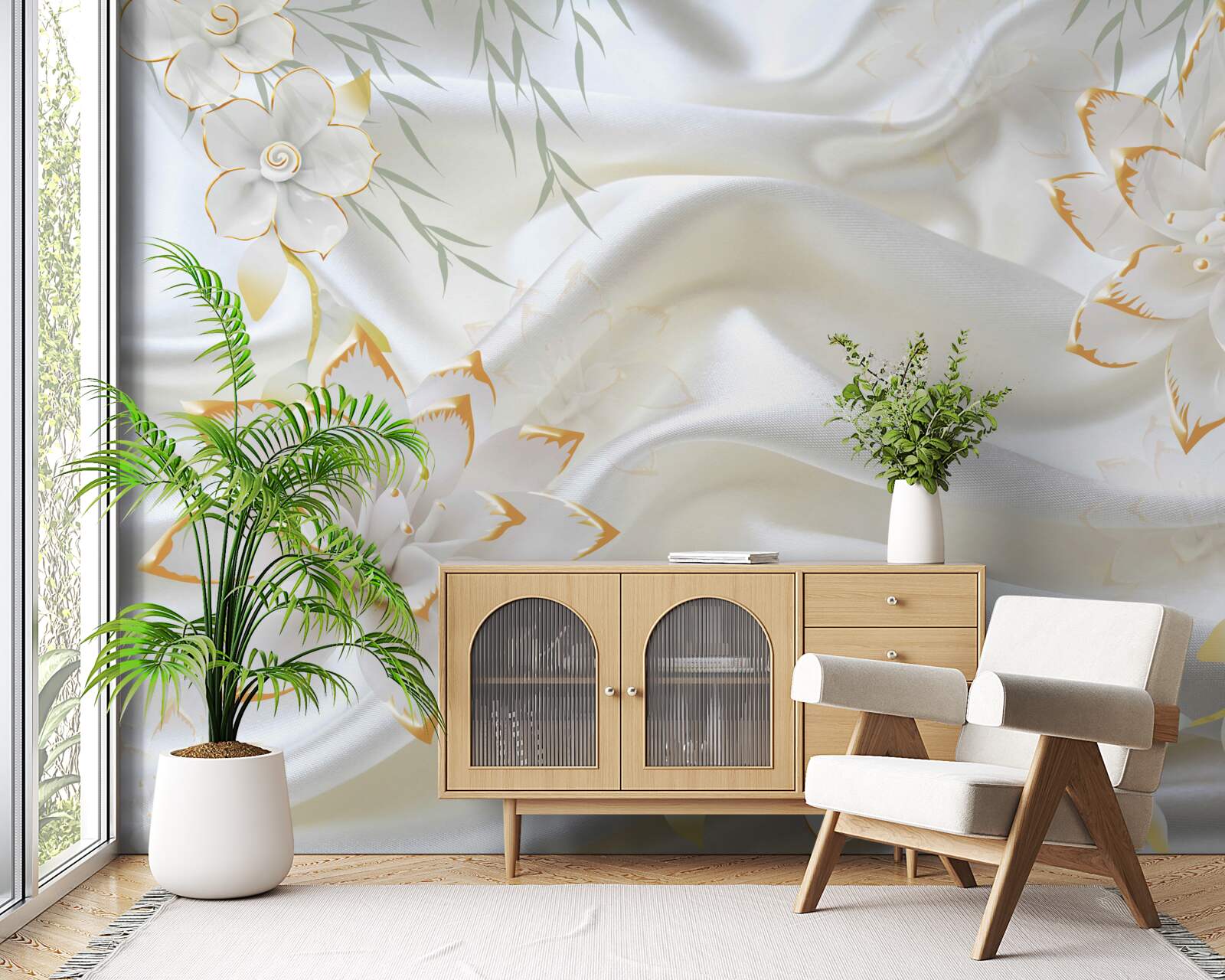 Papier peint motifs et fleurs en or sur soie blanche