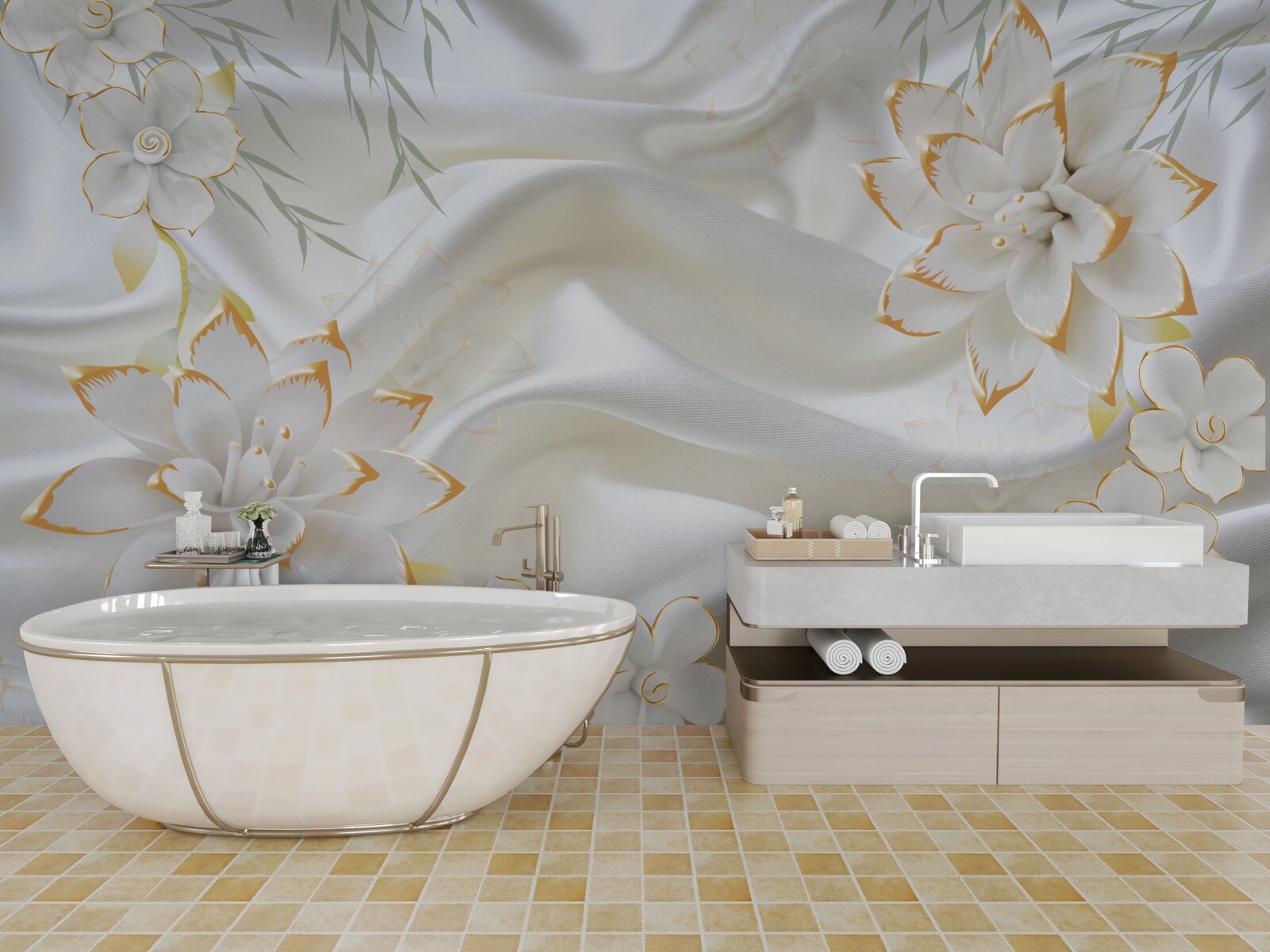 Papier peint motifs et fleurs en or sur soie blanche