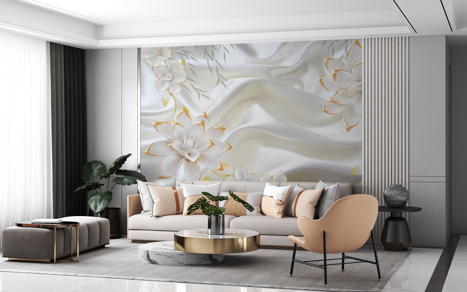 Papier peint motifs et fleurs en or sur soie blanche