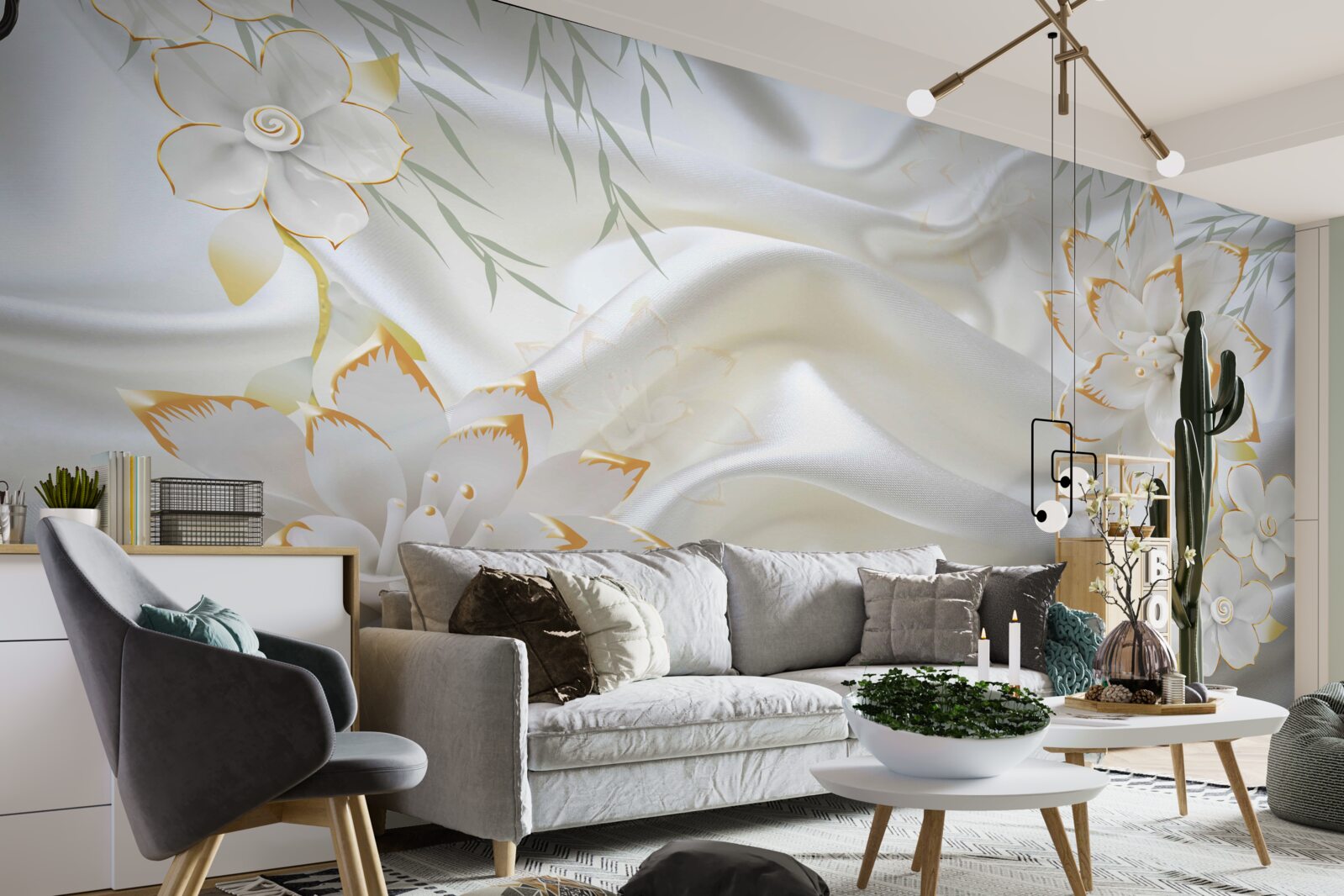 Papier peint motifs et fleurs en or sur soie blanche