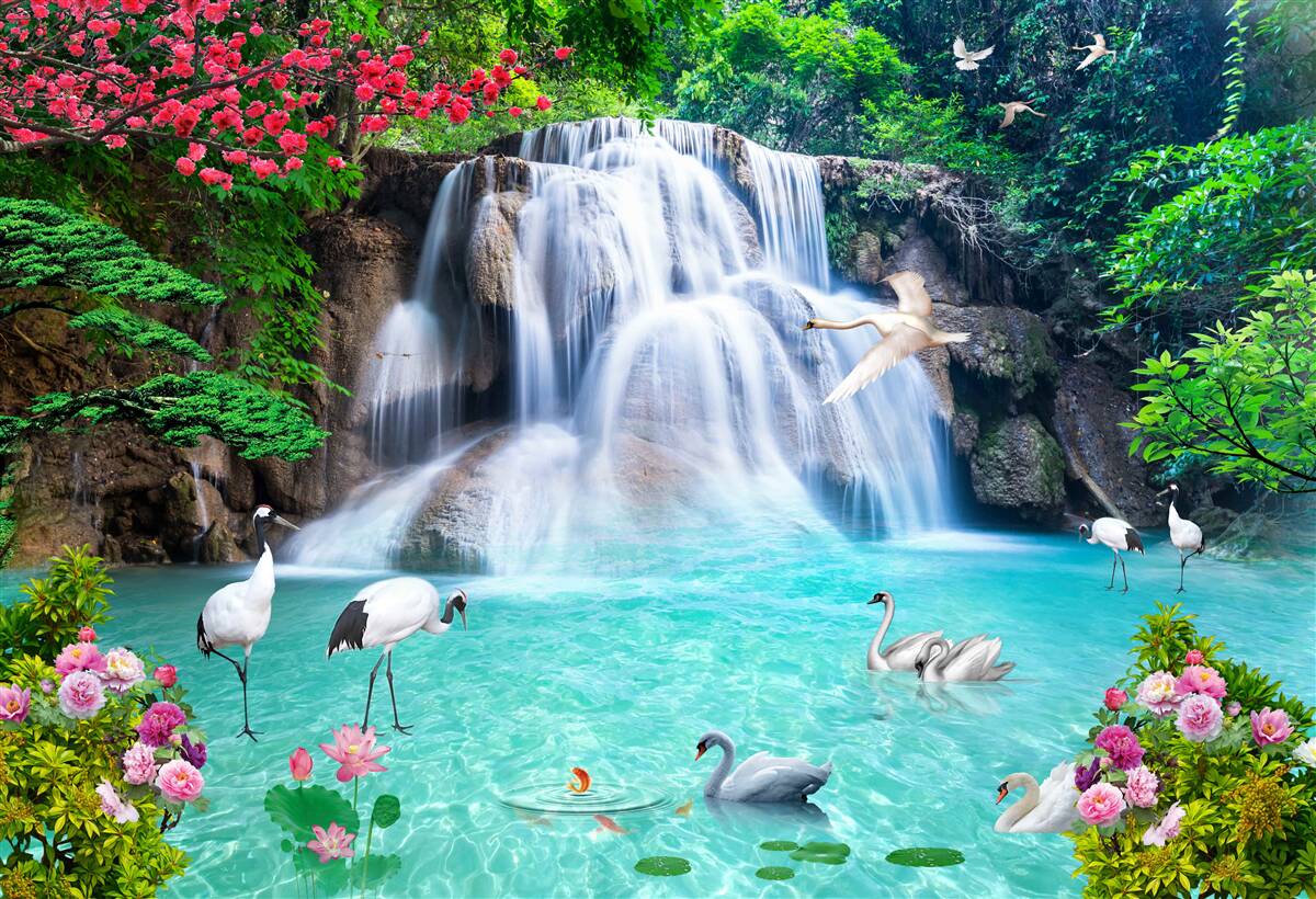 Papier peint cascade bruyante et cygnes dans l'eau bleue