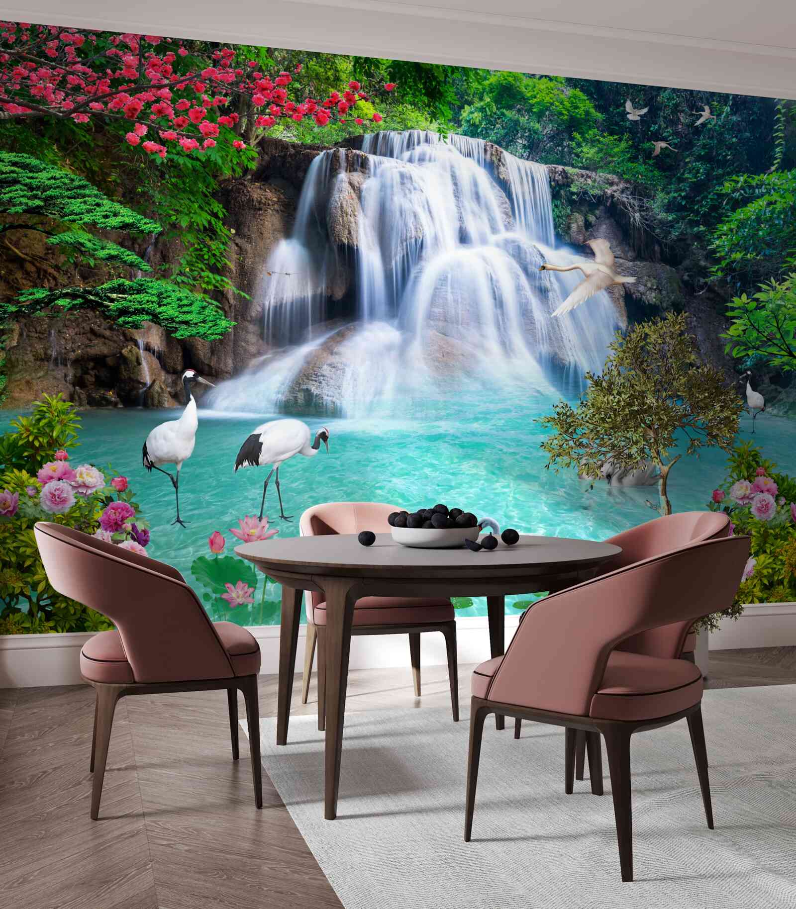 Papier peint cascade bruyante et cygnes dans l'eau bleue