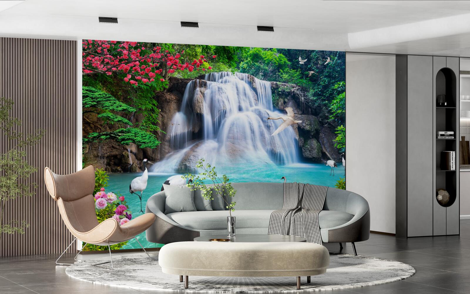Papier peint cascade bruyante et cygnes dans l'eau bleue