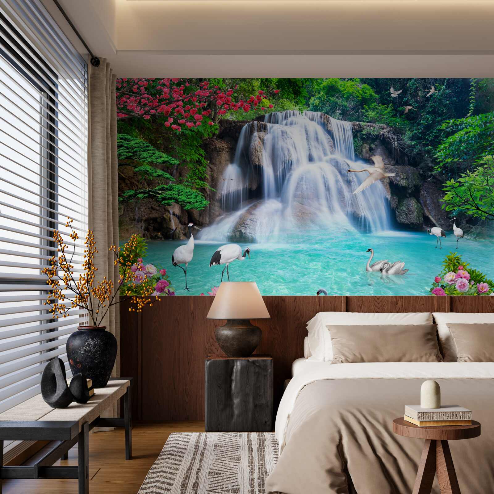 Papier peint cascade bruyante et cygnes dans l'eau bleue