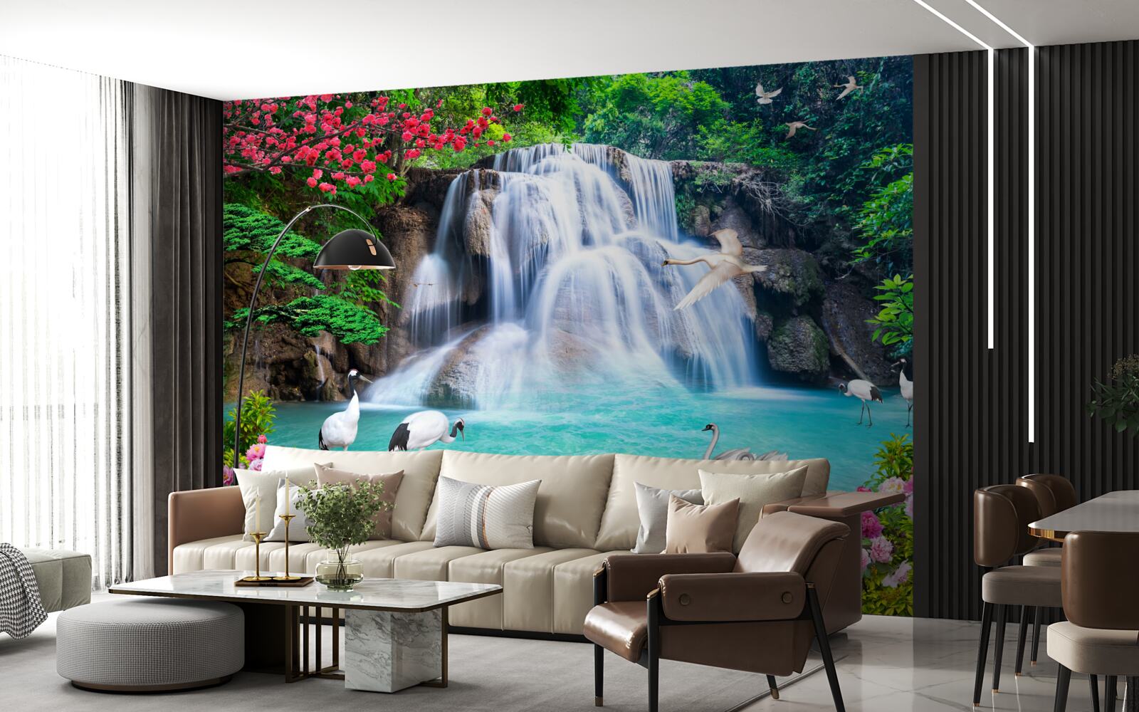 Papier peint cascade bruyante et cygnes dans l'eau bleue