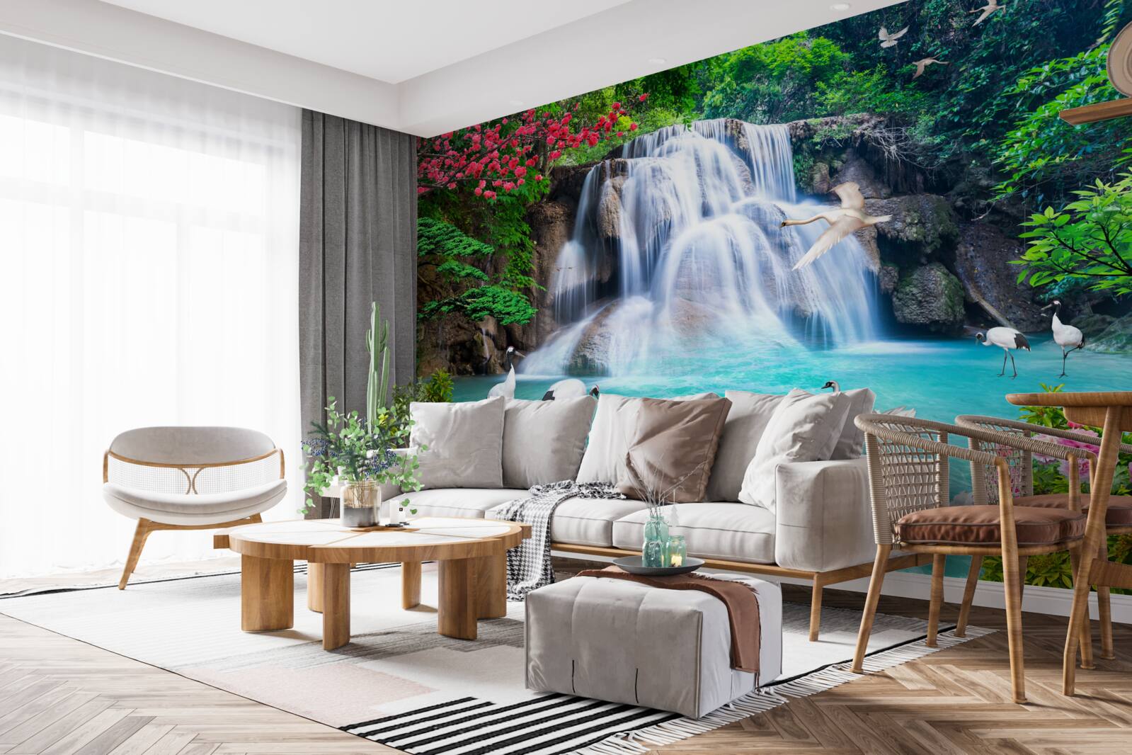 Papier peint cascade bruyante et cygnes dans l'eau bleue