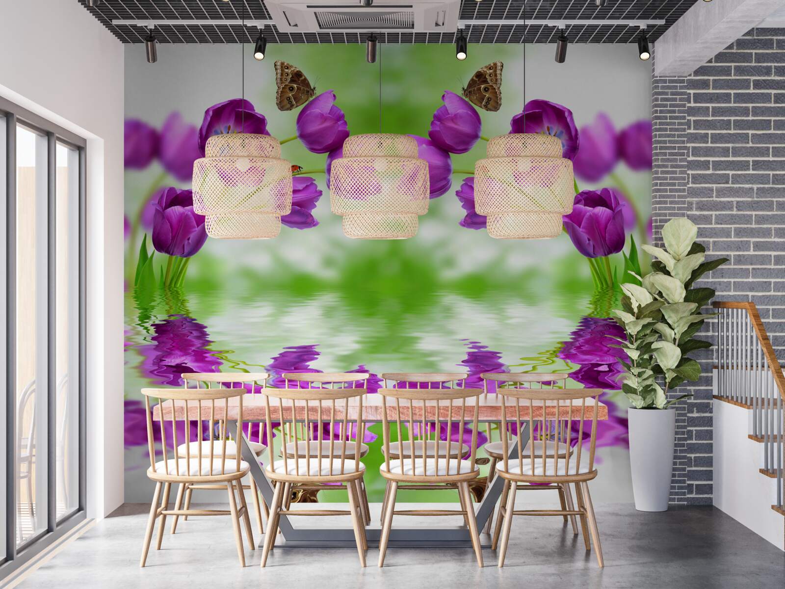 Papier peint les fleurs reflètent les papillons qui se posent sur elles dans l'eau