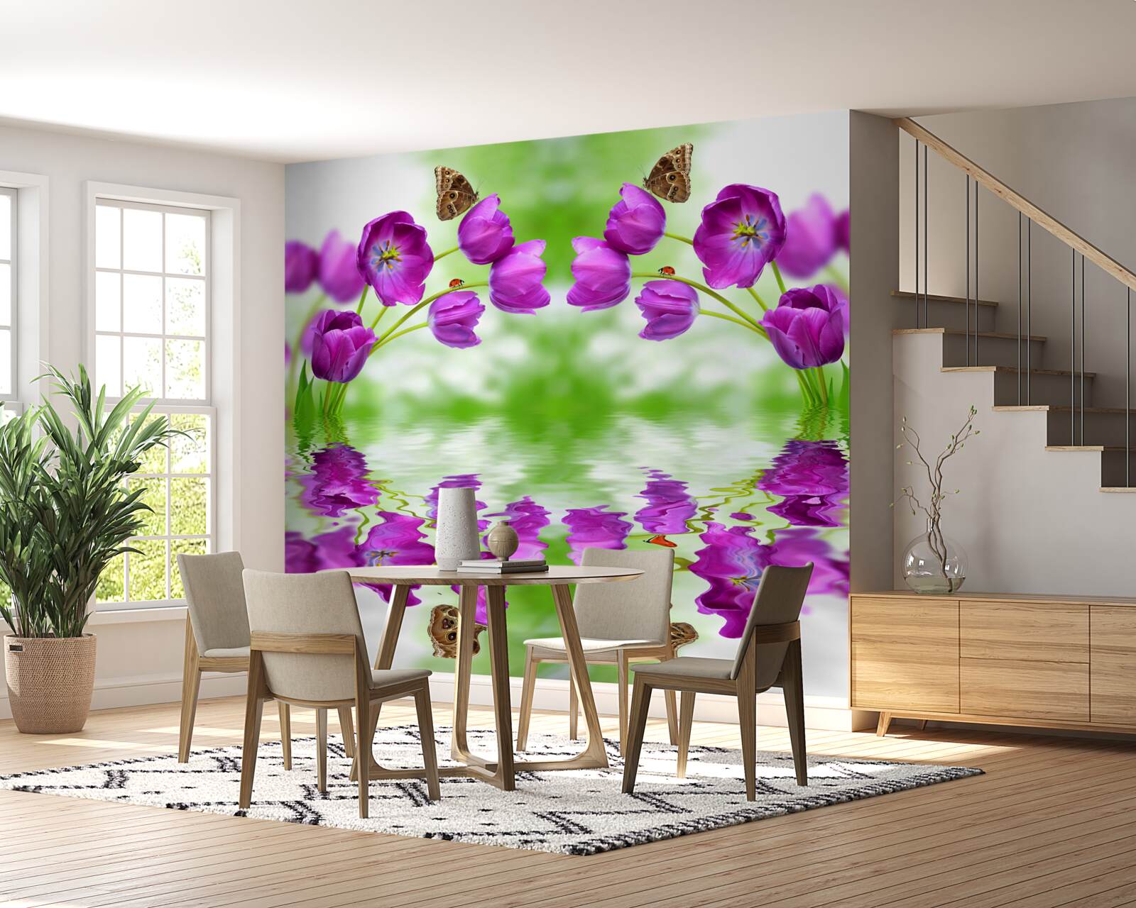 Papier peint les fleurs reflètent les papillons qui se posent sur elles dans l'eau