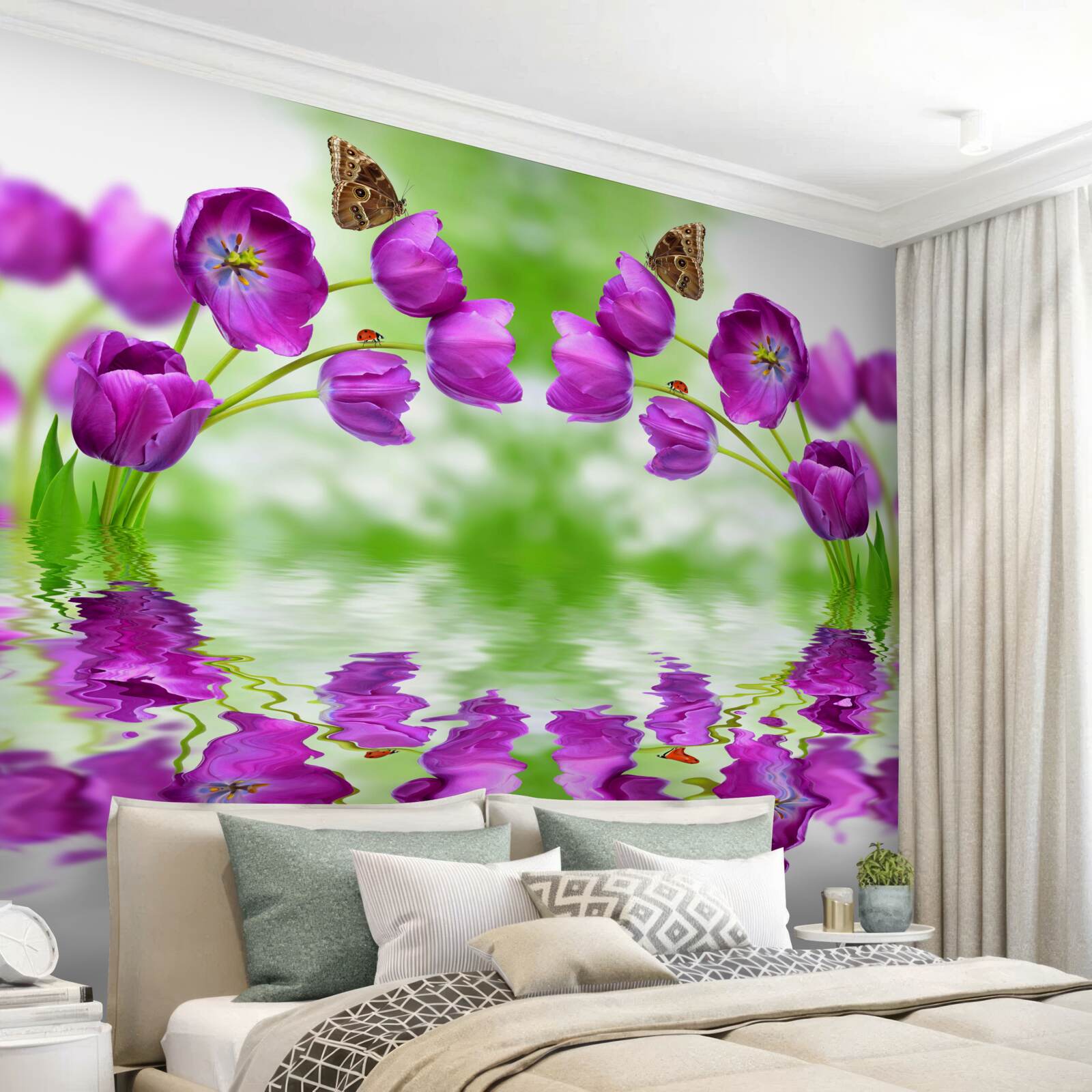 Papier peint les fleurs reflètent les papillons qui se posent sur elles dans l'eau