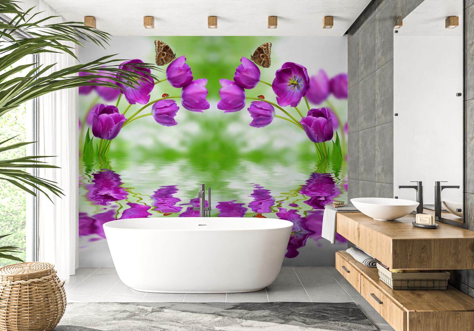 Papier peint les fleurs reflètent les papillons qui se posent sur elles dans l'eau