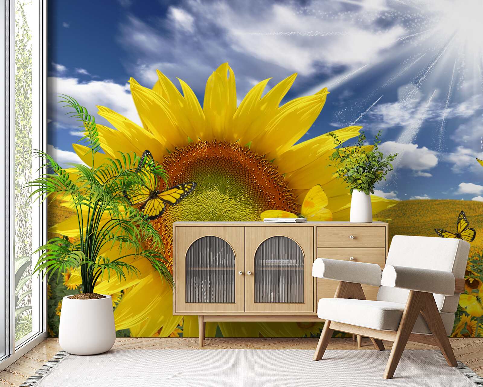 Papier peint des papillons dorés flottent dans le ciel bleu au-dessus d'un champ de tournesols