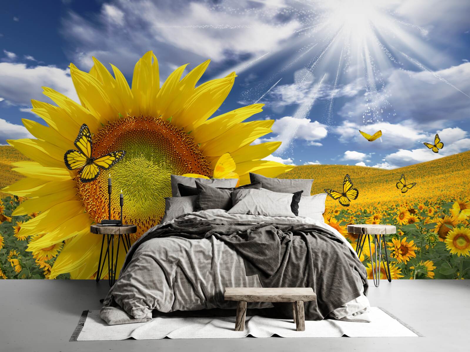 Papier peint des papillons dorés flottent dans le ciel bleu au-dessus d'un champ de tournesols