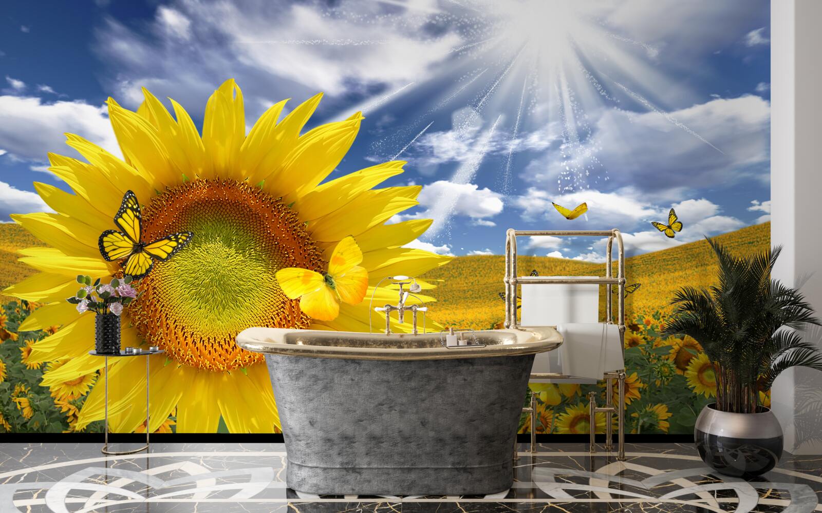 Papier peint des papillons dorés flottent dans le ciel bleu au-dessus d'un champ de tournesols