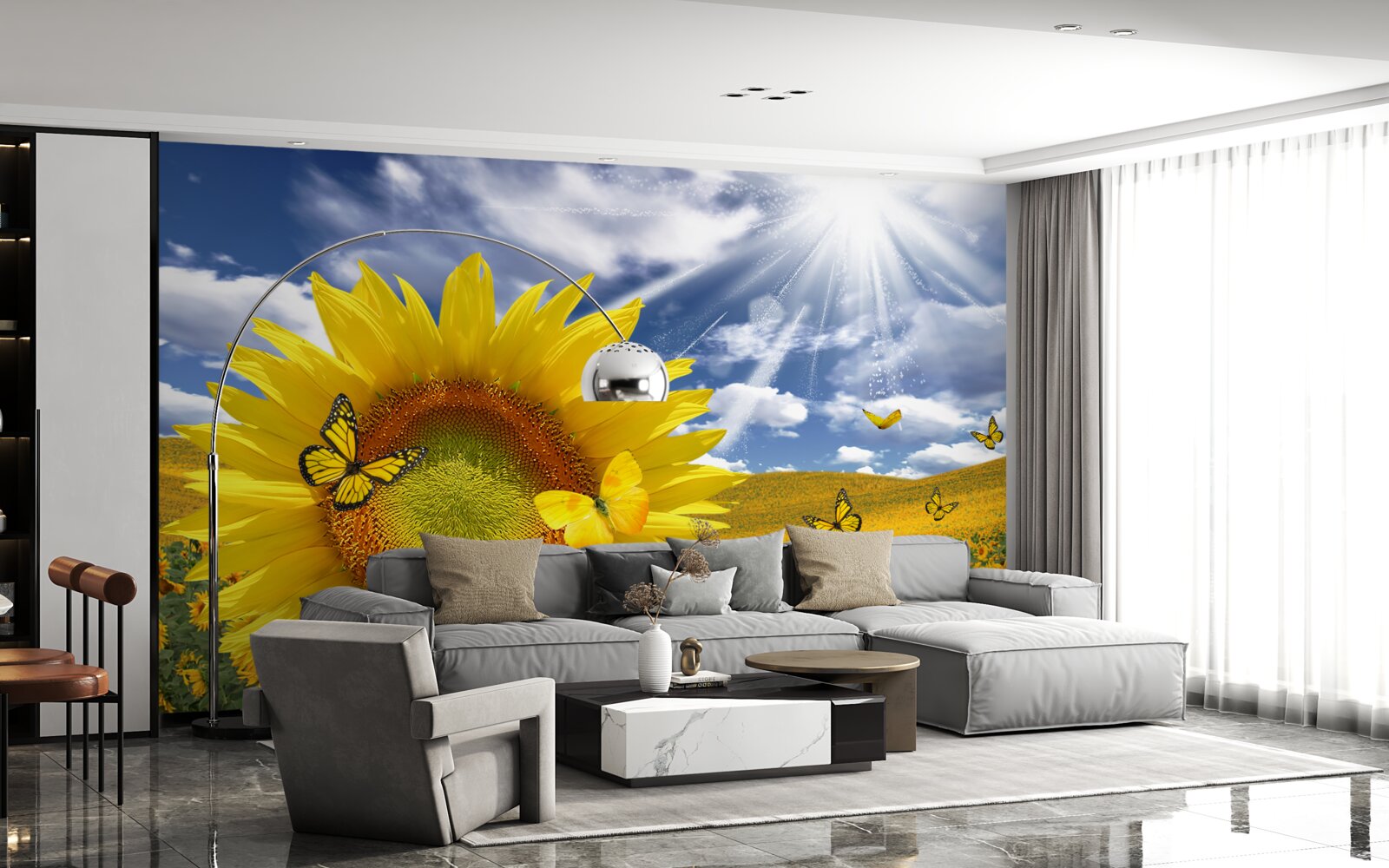 Papier peint des papillons dorés flottent dans le ciel bleu au-dessus d'un champ de tournesols