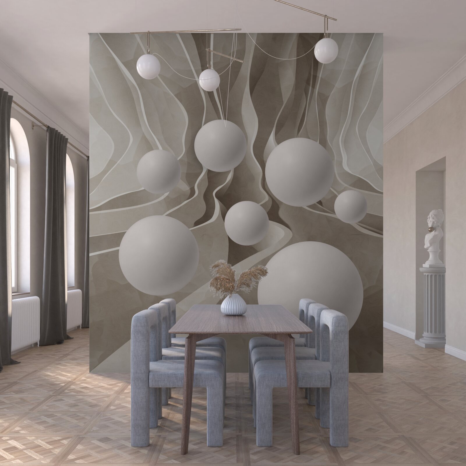 Papier peint boules blanches lisses dans un passage circulaire