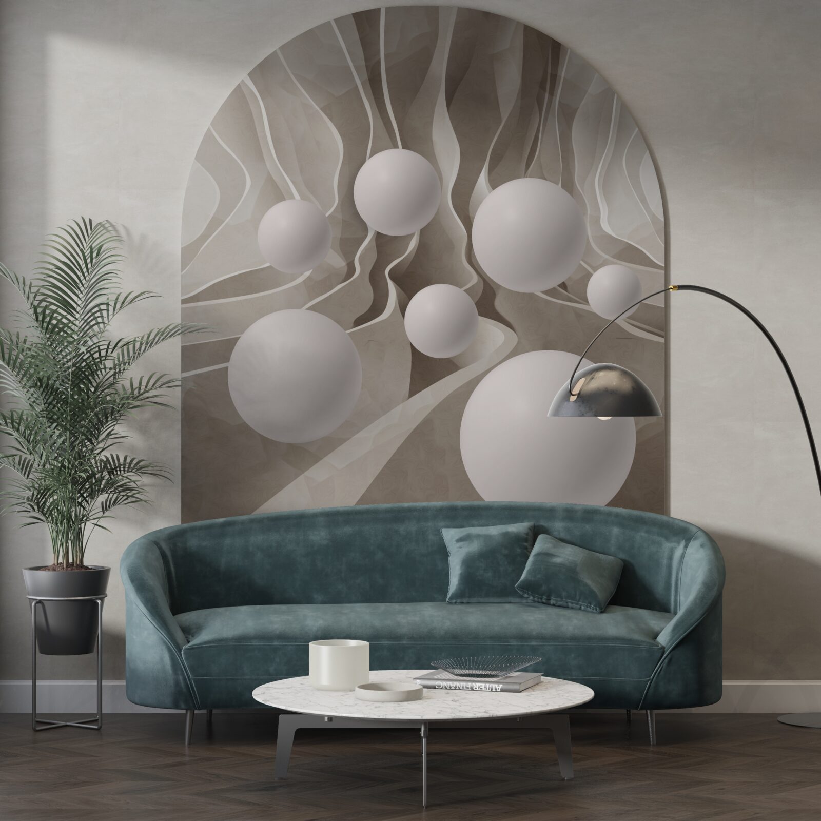 Papier peint boules blanches lisses dans un passage circulaire