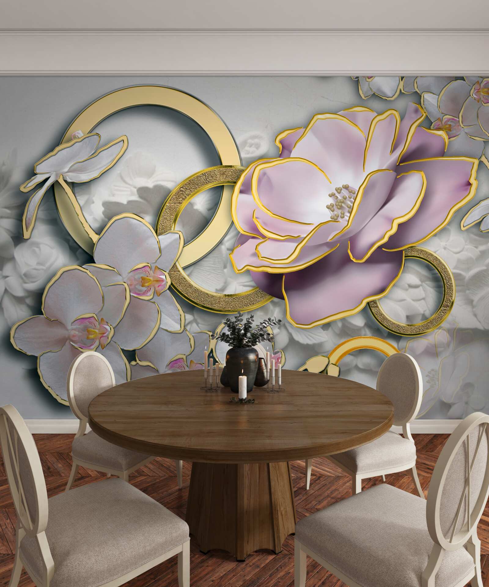 Papier peint des fleurs brillantes et dorées dans le ciel