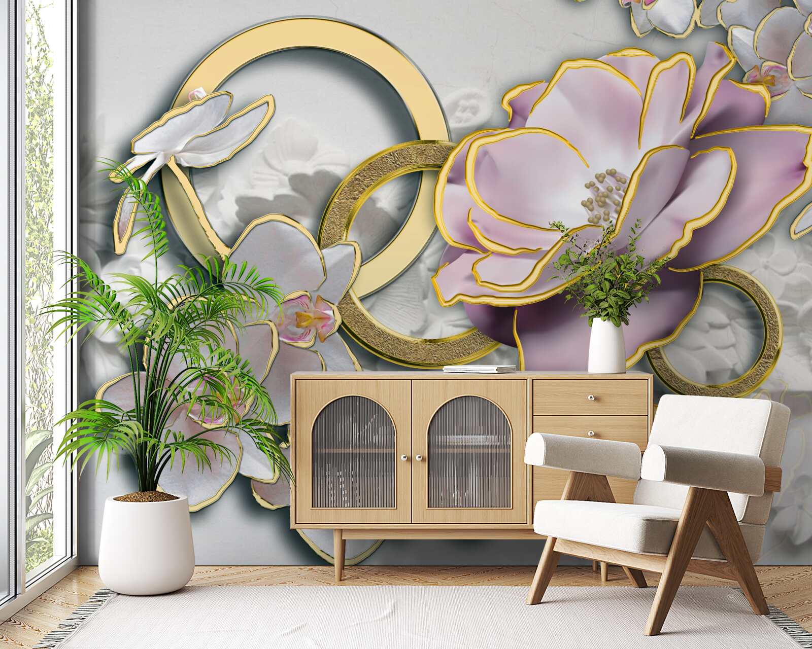 Papier peint des fleurs brillantes et dorées dans le ciel