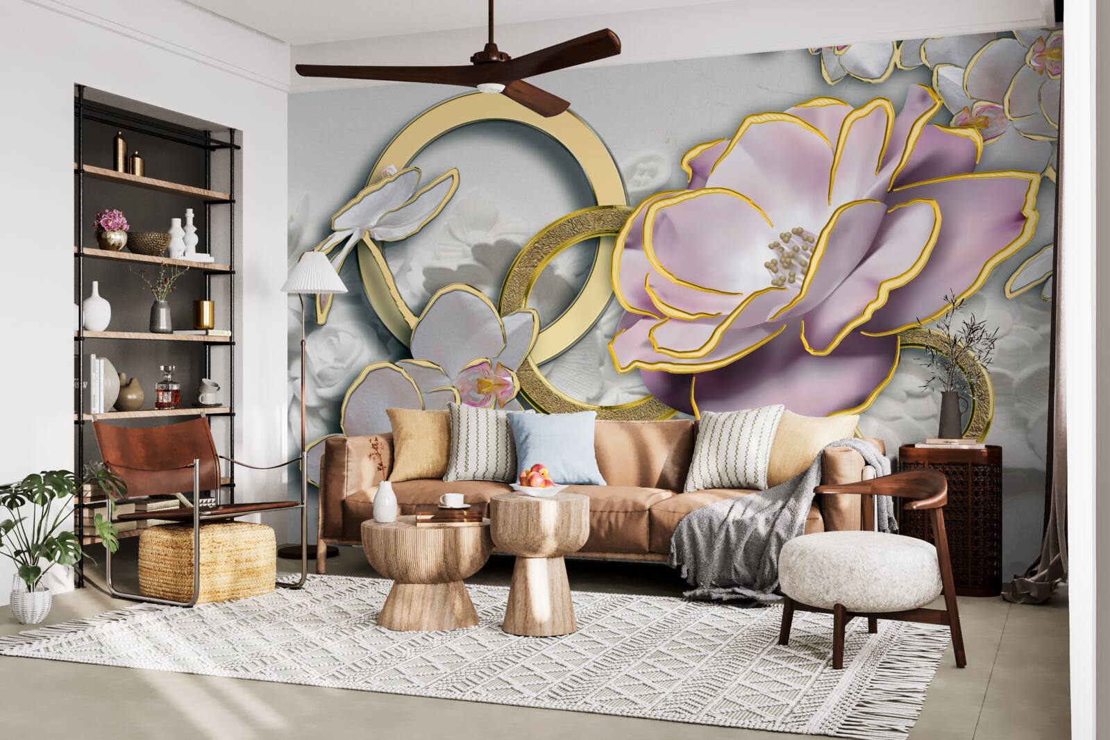 Papier peint des fleurs brillantes et dorées dans le ciel